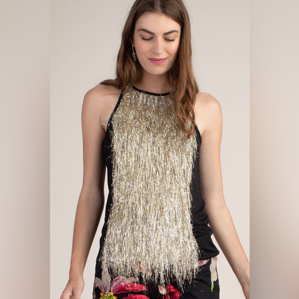 Trina Turk Nanako Silver & Gold Tinsel Fringe & Black Jersey Party Top M